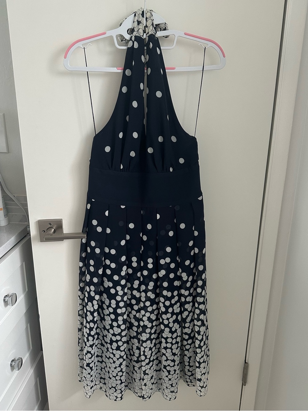Adrianna Papell Navy Dress with Ivory Polka Dots